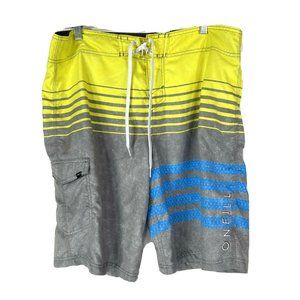 Oneill 36 Shorts Yellow Gray Blue Striped Pocket Surf Board Swim Trunks Unlined